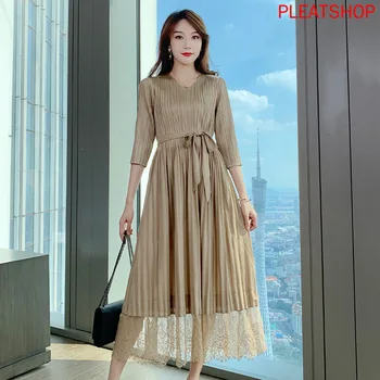 

Korean Style Lacing Dress Female New Style Elegant Lace Stitching Loose Miyake Folds Autumn Women's Clothing Shein Pleats