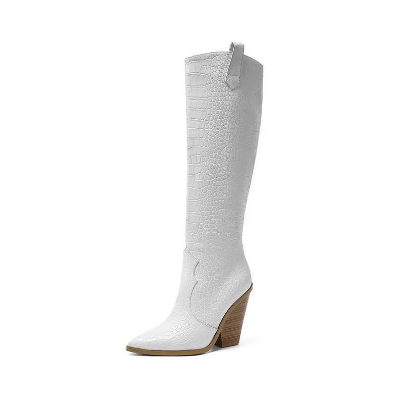 White White Black Brown Gold Faux Leather Knee High Boots Women Fashion Pointed Toe Chunky Wedge Heel Cowboy Boots Ladies Winter Shoes - Цвет: White
