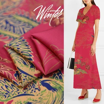 

Spring New 135cm Wide 21Momme 95%silk 5%spandex Double Georgette Fabric for Dress Phoenix Printed Cloth Sewing Diy Free Shipping