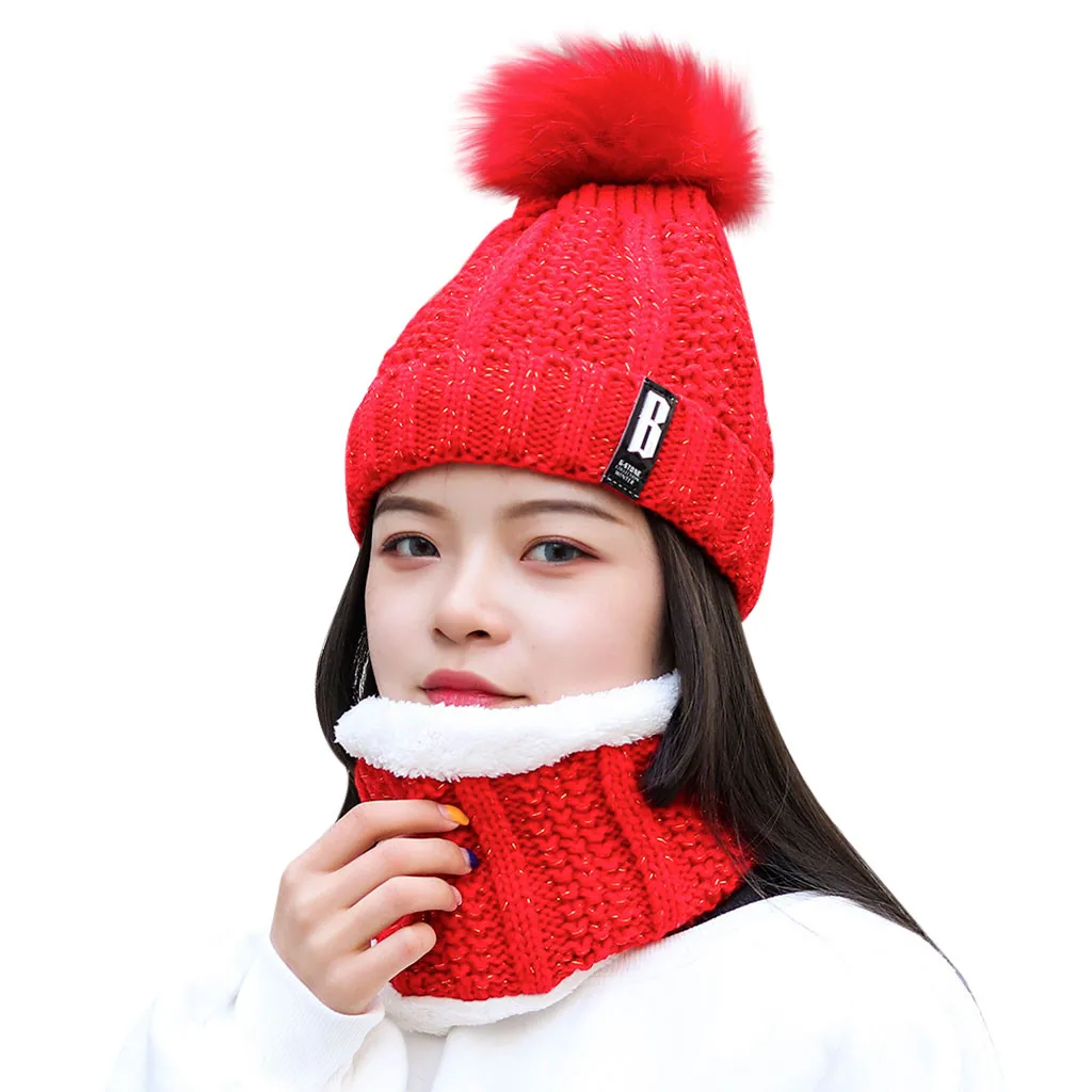 Women's Warm Solid Plus Thicken Scarf And Hat Two-Piece Knit Windproof Cap Winter Accessories Hat And Scarf Girls Gift Knitted