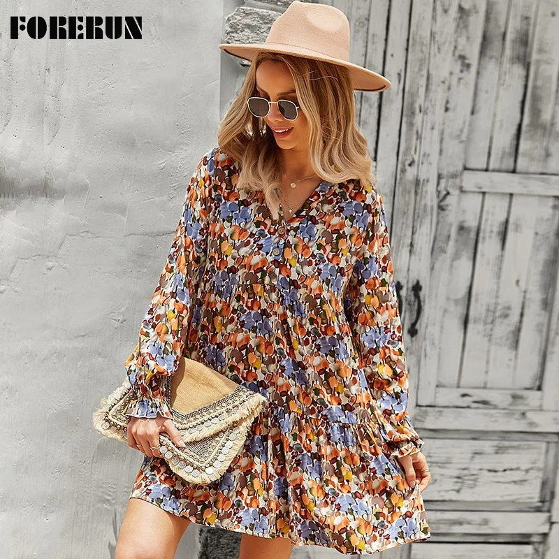 

FORERUN Printed Boho Dresses for Women 2021 Ruffle Long Sleeve V Neck Buttons Autumn Casual Vacation Midi Dress Vestido Mujer