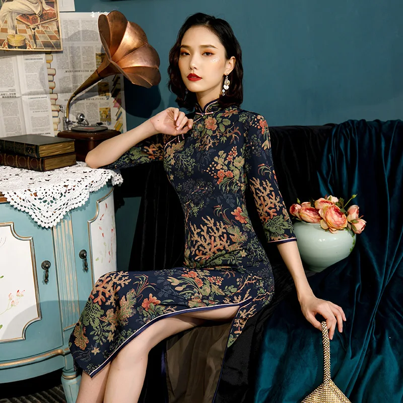 Модные макси Вечерние Cheongsam Восточный вечернее платье Китайский длинный стиль женское элегантное Qipao Vestido размера плюс M-5XL