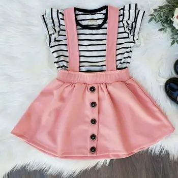 

Toddler Baby Girl Summer Clothes Striped Top T-shirt Bib Skirt Mini Dress Outfit