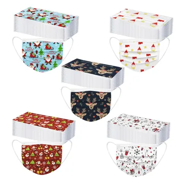 

50pcs Adult's Christmas Mouth Masks Santa Claus Reindeer Disposable Face Mask Industrials 3ply Non-woven Facemask Mascarillas