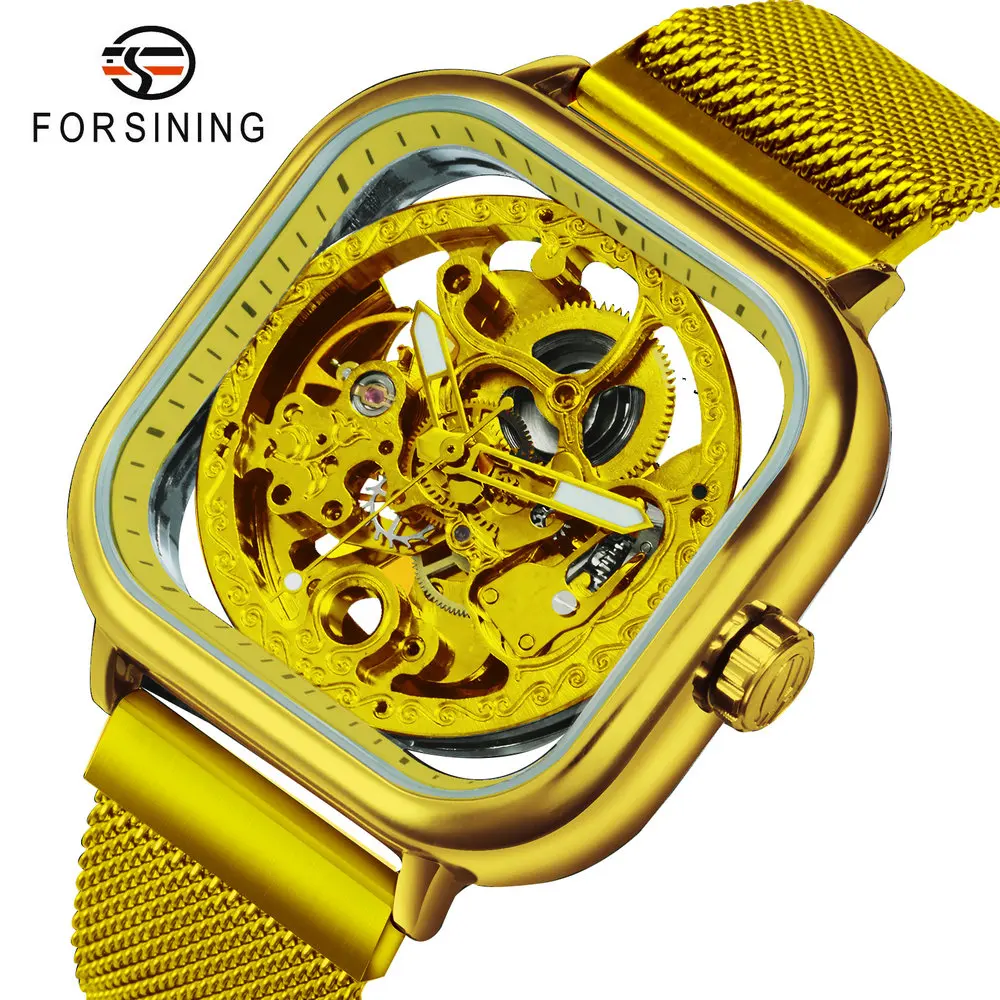 

FORSINING Square Skeleton Watch Men Luxury Automatic Mechanical Watches Gold Ultra Thin Mesh Strap Hip Hop Style Male Wristwatch