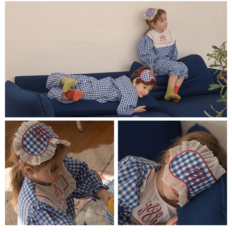 Vintage Unisex Kid Letters Embroidered Pajama Set With Blindfold.Toddler Girl Boy Plaid Sleepwear Pyjamas Set.Children Clothing vintage nightgowns	