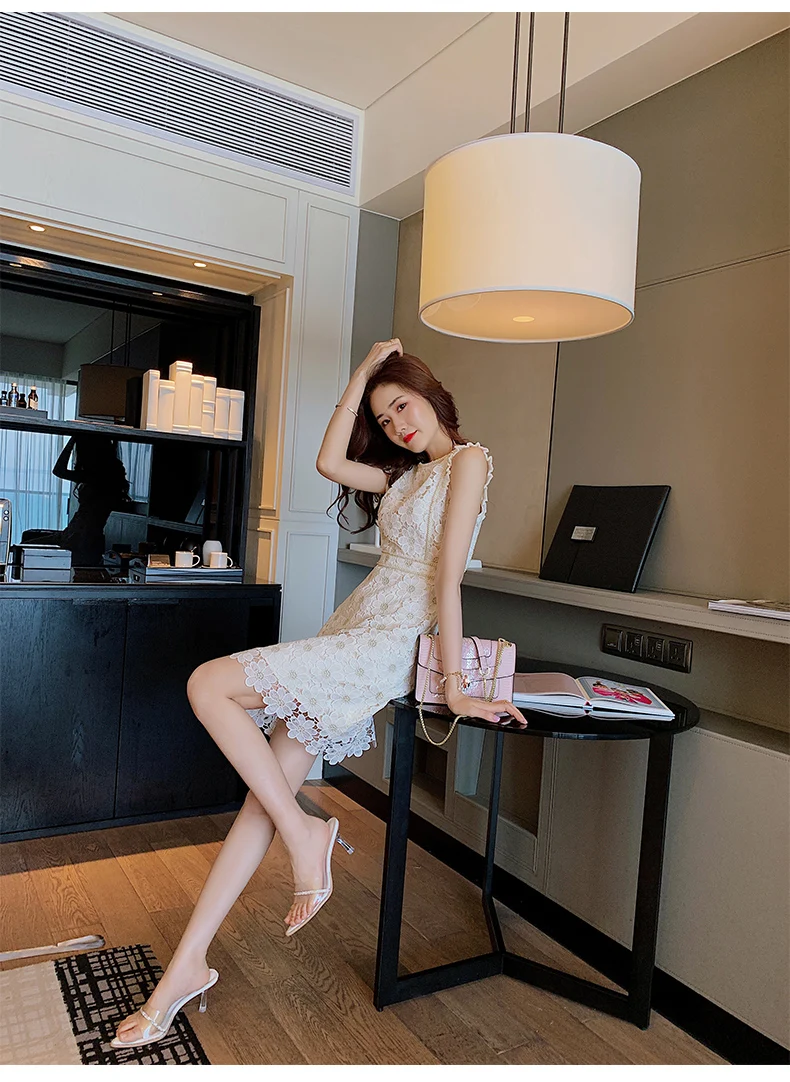 Women Lace Embroidery Dresses For Party 2021 Women'S Summer New Temperament Slim Round Neck High Waist Fashion Dress Office Lady