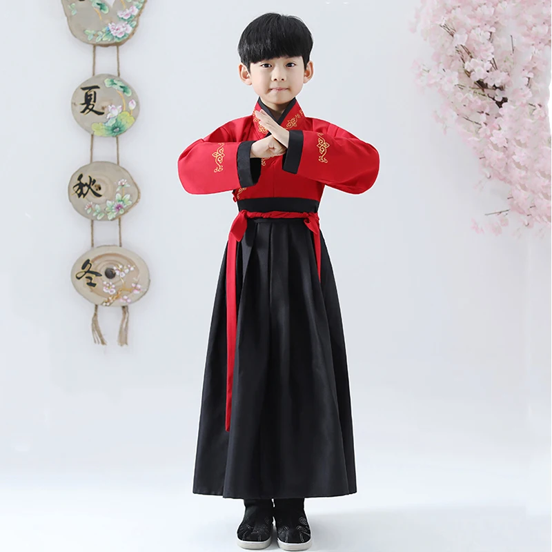 Boy Girl Suit Red Crane Hanfu, Древний китайский костюм для детей, нарядное платье династии Тан, народное платье, Стильный Танцевальный Костюм, праздничная одежда для сцены - Цвет: Boy Girl Suit Red