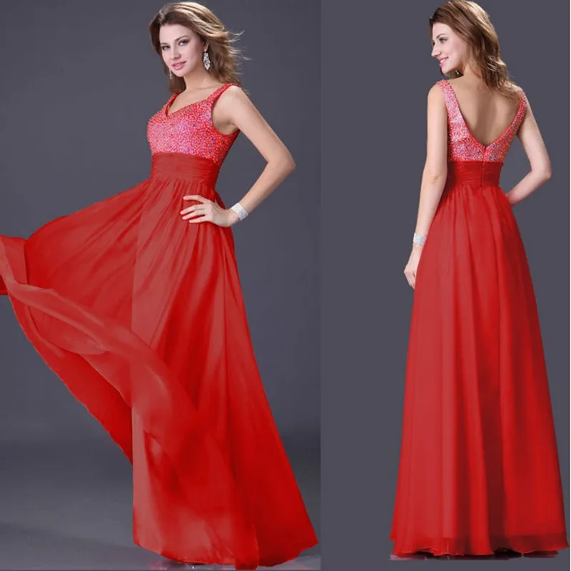 Модное красное шифоновое длинное платье с v-образным вырезом без рукавов для