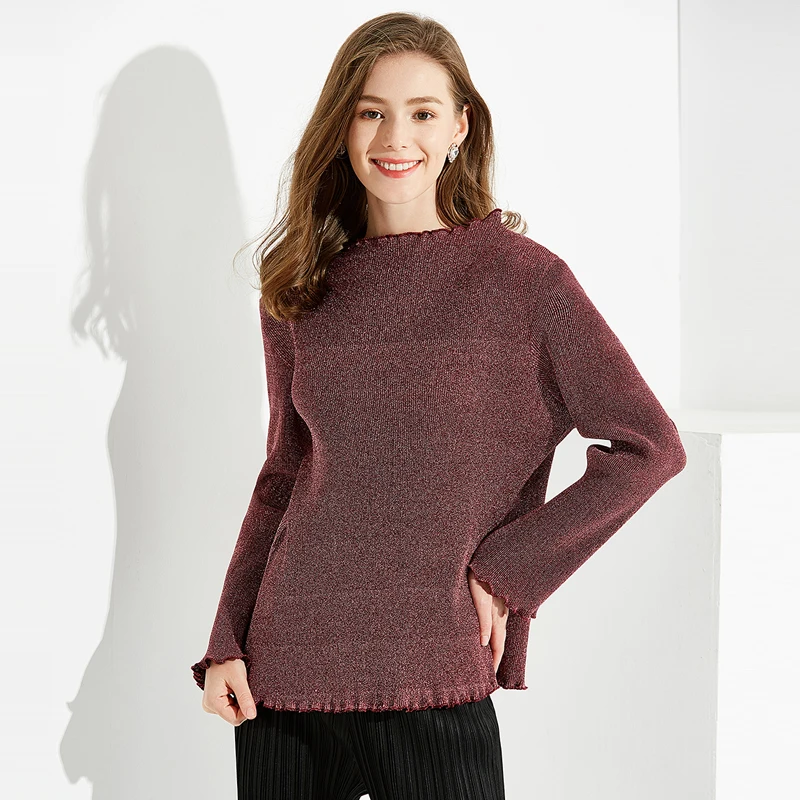 Новинка, Miyake fold, зимняя, свободная, из Сингапура,, модная, для досуга, русская, с длинным рукавом, рубашка, женская, чистый цвет, теплая, футболка TP5087