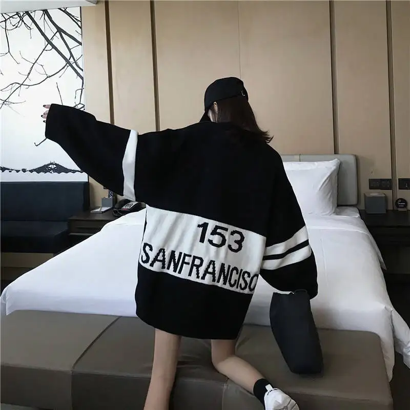 Korean Female Loose Casual Black Long Sleeve Autumn Tops Women Harajuku Style Females Sweatshirt Streetwear Sweater | Женская одежда