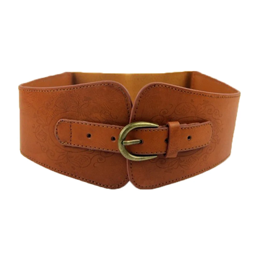 One Size Women's Wide Vintage Brown Belt With Elastic Black