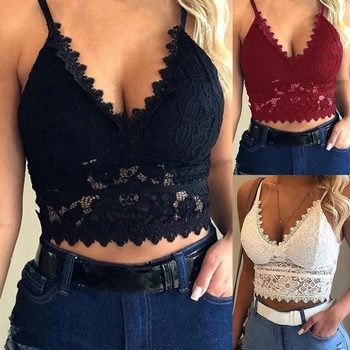 

Women Fashion Lace Bra Deep V Neck Floral Spaghetti Straps Tank Tops Summer Slim Push Up Hollow Out Sleeveless Vests