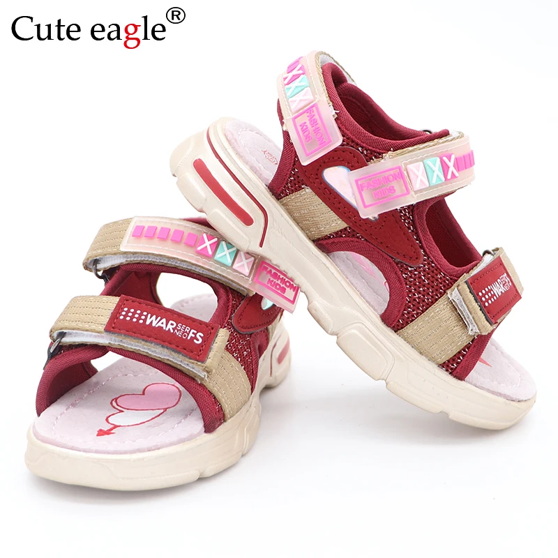 Girls Summer Open Toe Hook and Loop Beach Walking Sports Sandals Child Comfortable Pig leather insole EVA sole Roman sandals
