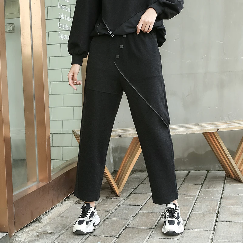 

High Elastic Waist Black Button Zipper Split Joint Long Trousers New Long Fit Harem Pants Womens Fashion Tide Autumn Winter 2020