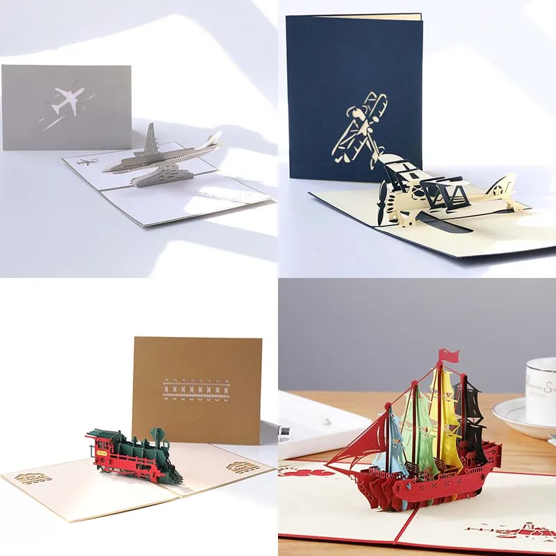 Train Aircraft Sailboat 3D Pop-Up Graduation Creative Greeting Card Production Vintage Postcard Gift Boy's Birthday Thanksgiving