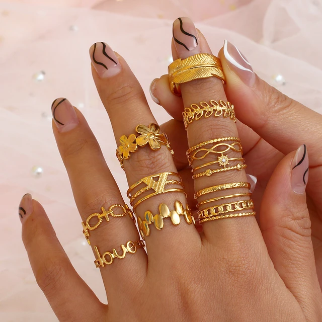 Buy GOHO Gold Metal Set Of 5 Mid Finger Rings For Girls at Amazon.in