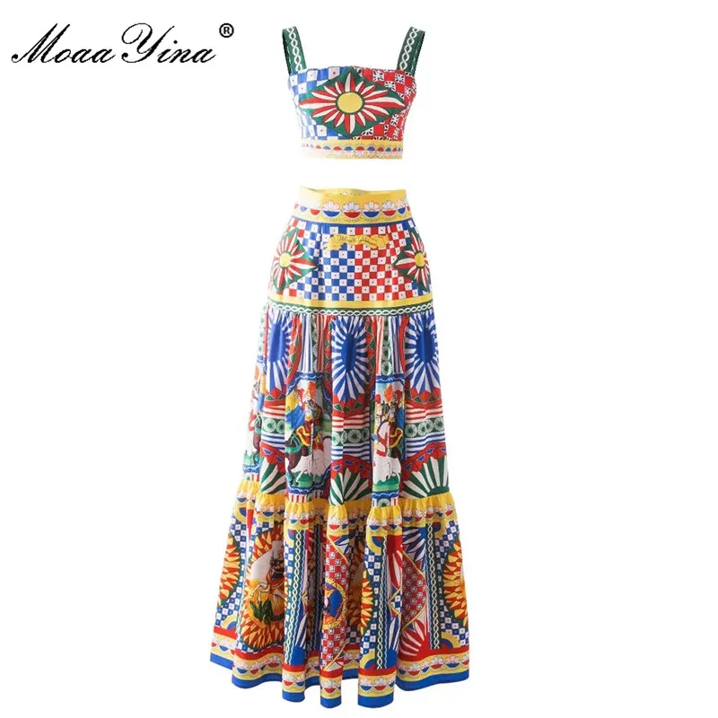 

MoaaYina Fashion Designer Summer Vacation Suit Women Short Spaghetti Strap Top＋High waist Retro Print Long Skirts 2 Pieces Set