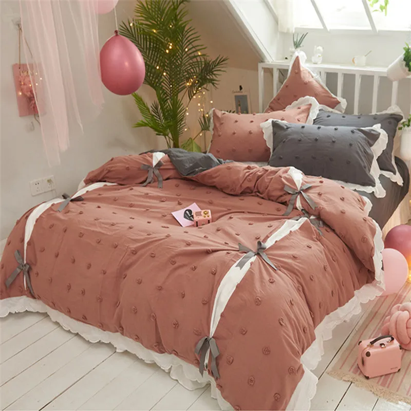 4 шт. Полный queen king size стирка хлопок принцесса стиль стерео цветок бант вышивка постельное белье с оборками Набор MR - Цвет: 3