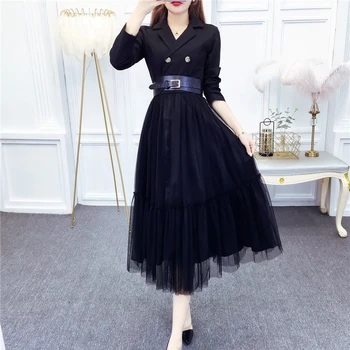 

Elegant Blazer Dresses Summer Spring Notched Collar Long Sleeve Mesh Patchwork dress With Belt party Long Dress Vestidos