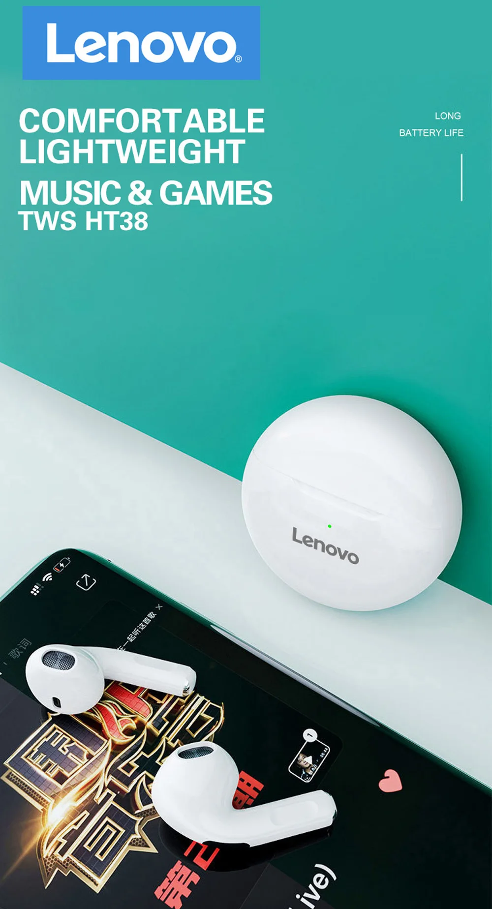 Lenovo HT38 True Wireless Bluetooth Earbuds 5