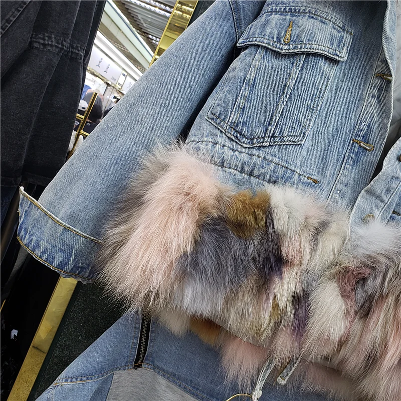 Пальто из натурального меха кролика воротник зимний теплый толстый джинсовый жакет пальто женские джинсовые куртки верхняя одежда
