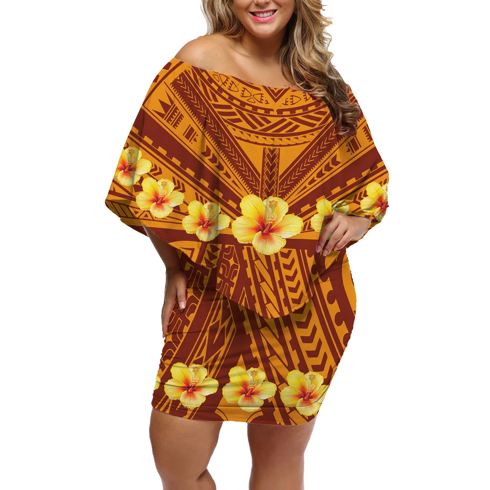 

Оптовая продажа по индивидуальному заказу, женское Короткое сексуальное летнее платье с рукавами-лодочкой и рюшами в полинезийском этническом Самоа, Lokostyle