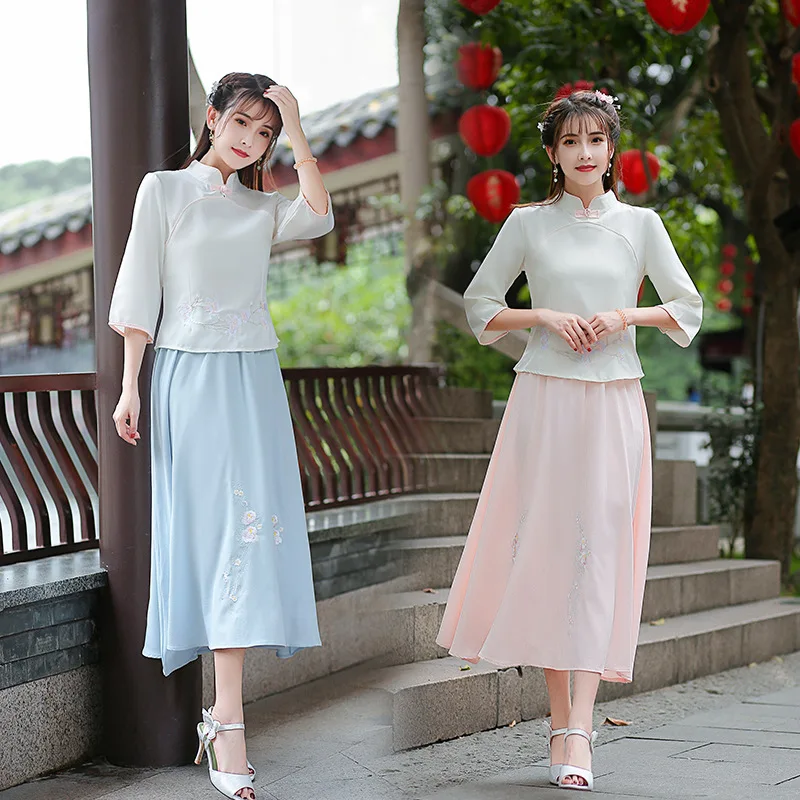 

2019 Summer New Style Ethnic Embroidery Tea Service Set Shirt Stand Collar Tops Elastic Waist Long Skirts Women's