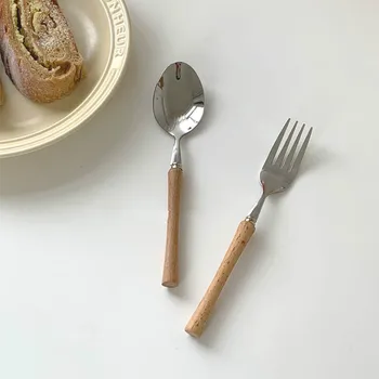 

French Kitchen Utensils Beech Handle Stainless Steel Spoon Fork Tableware Dessert Spoon Pasta Fork Soup Spoon Fruit Fork