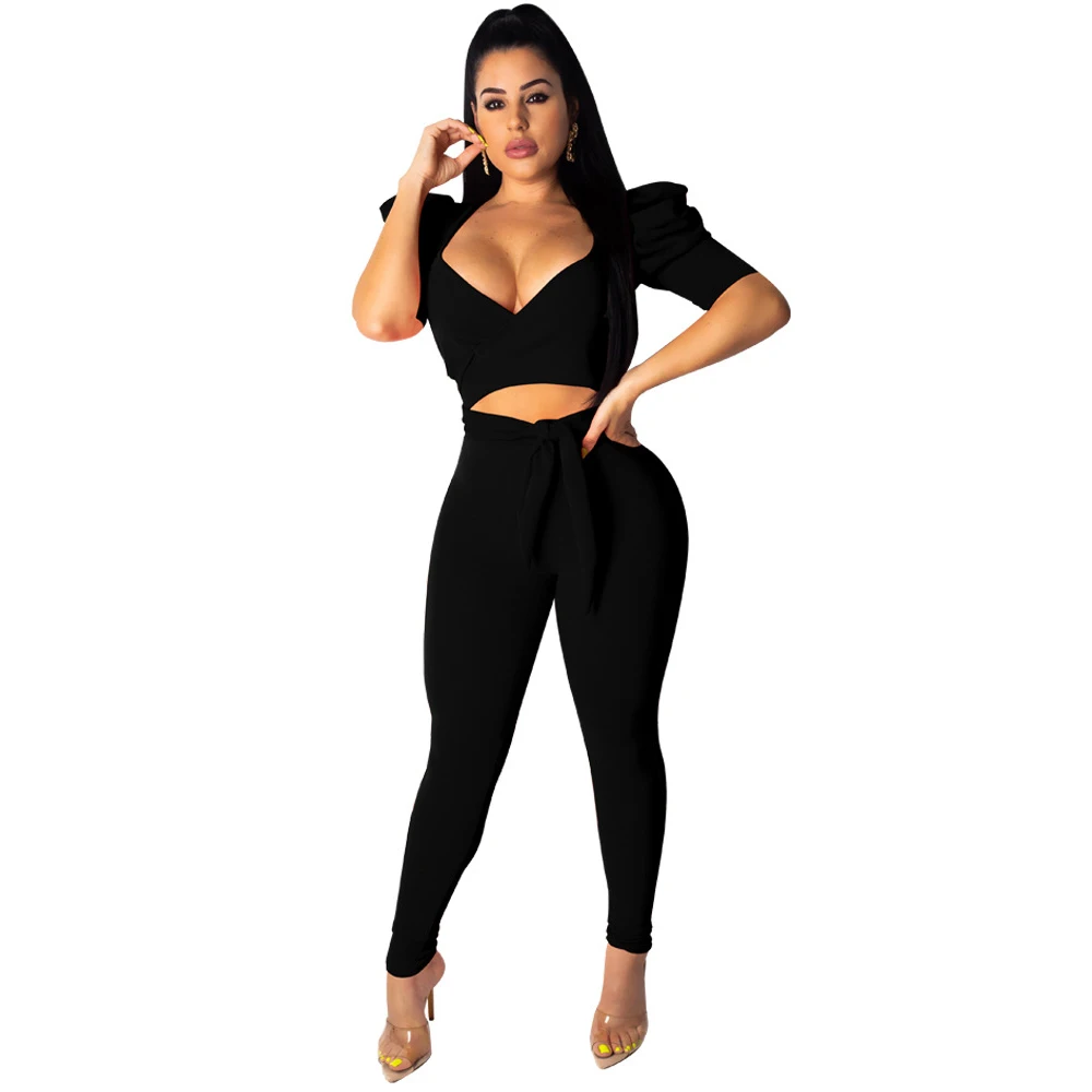 

Two Piece Deep V Neck Backless Bandage Jumpsuit Women Rompers Sexy Hollow Out Bodycon Bodysuits Neon Green Orange Party Overalls