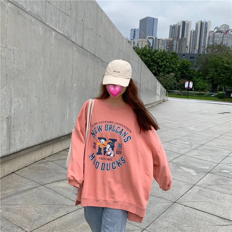 Осенние женские толстовки балахон Ulzzang Harajuku Повседневные пуловеры с принтом женские свободные розовые Топы с капюшоном