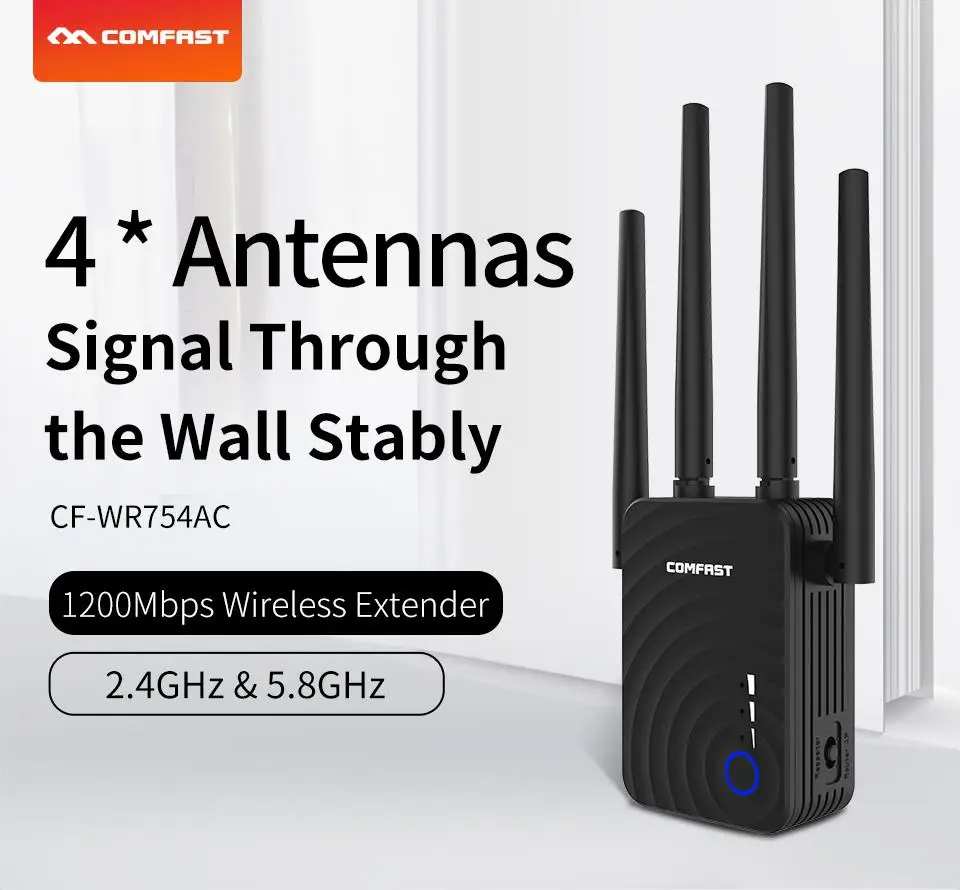

COMFASTCF-WR754AC 1200Mbps Home Wireless Extender Router Wifi Repeater 5Ghz Long Wifi Range Extender Booster 4*2dbi Antenna