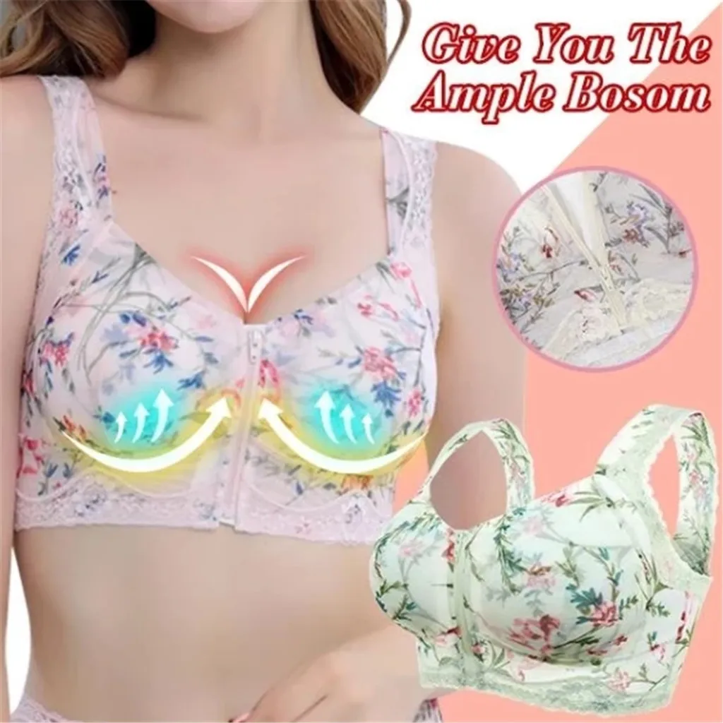 

Women's Adjustable Front Zipper Wireless Flower Bra Sexy Sports Push Up Bra Plus Size Ladies Underwear Lingerie femme Z0822