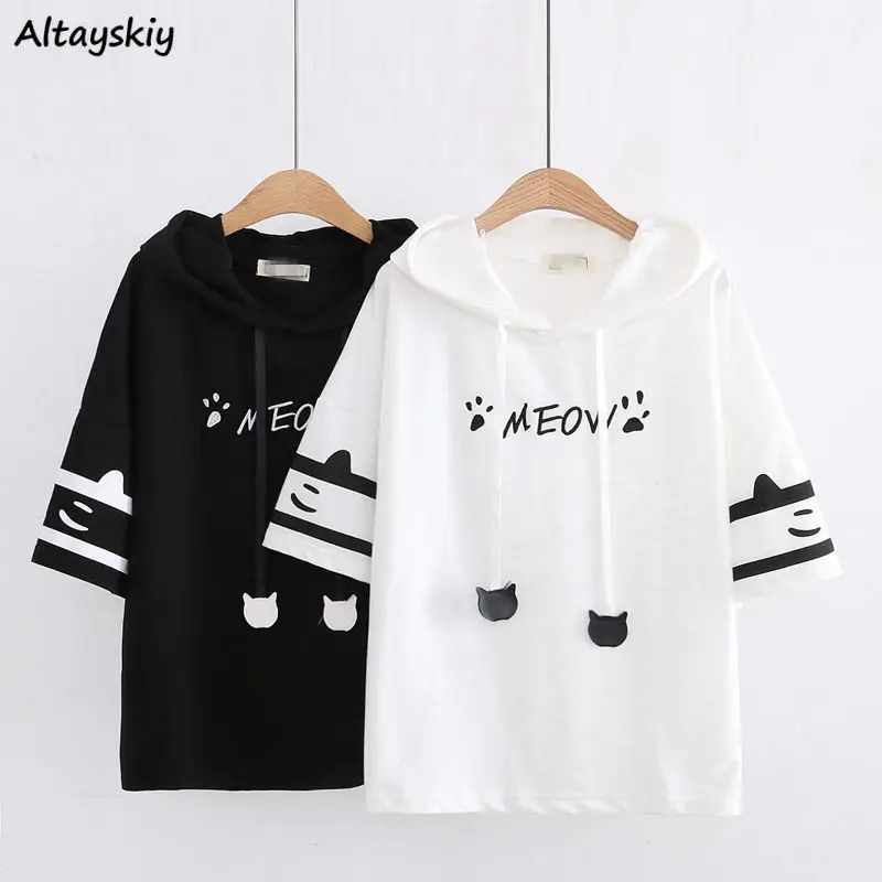 T-shirts Women Patchwork Loose Haruku All-match Short Sleeve Hooded Summer Cute Korean Version Stylish Student Tops799_voghion.com