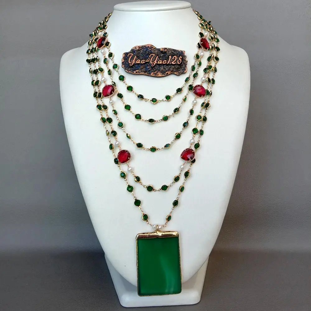 YYGEM Green Agate Pendant 5 Strands 18'' White Pearl Green red Crystal Chain Necklace handmade vintage party style pendant necklace