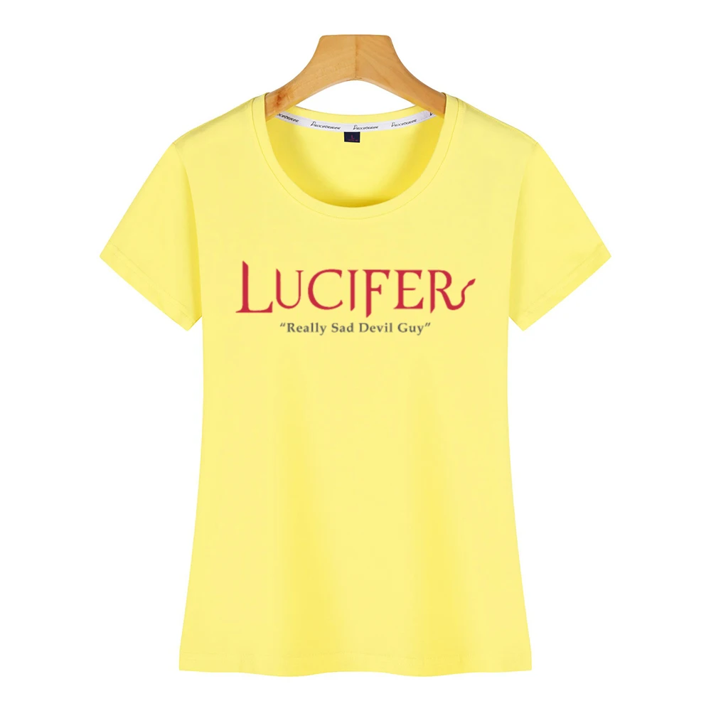 Топы, футболка для женщин, Lucifer, действительно, Sad Devil Guy, для женщин, s, завязанные, кавайные надписи, Хлопковая женская футболка