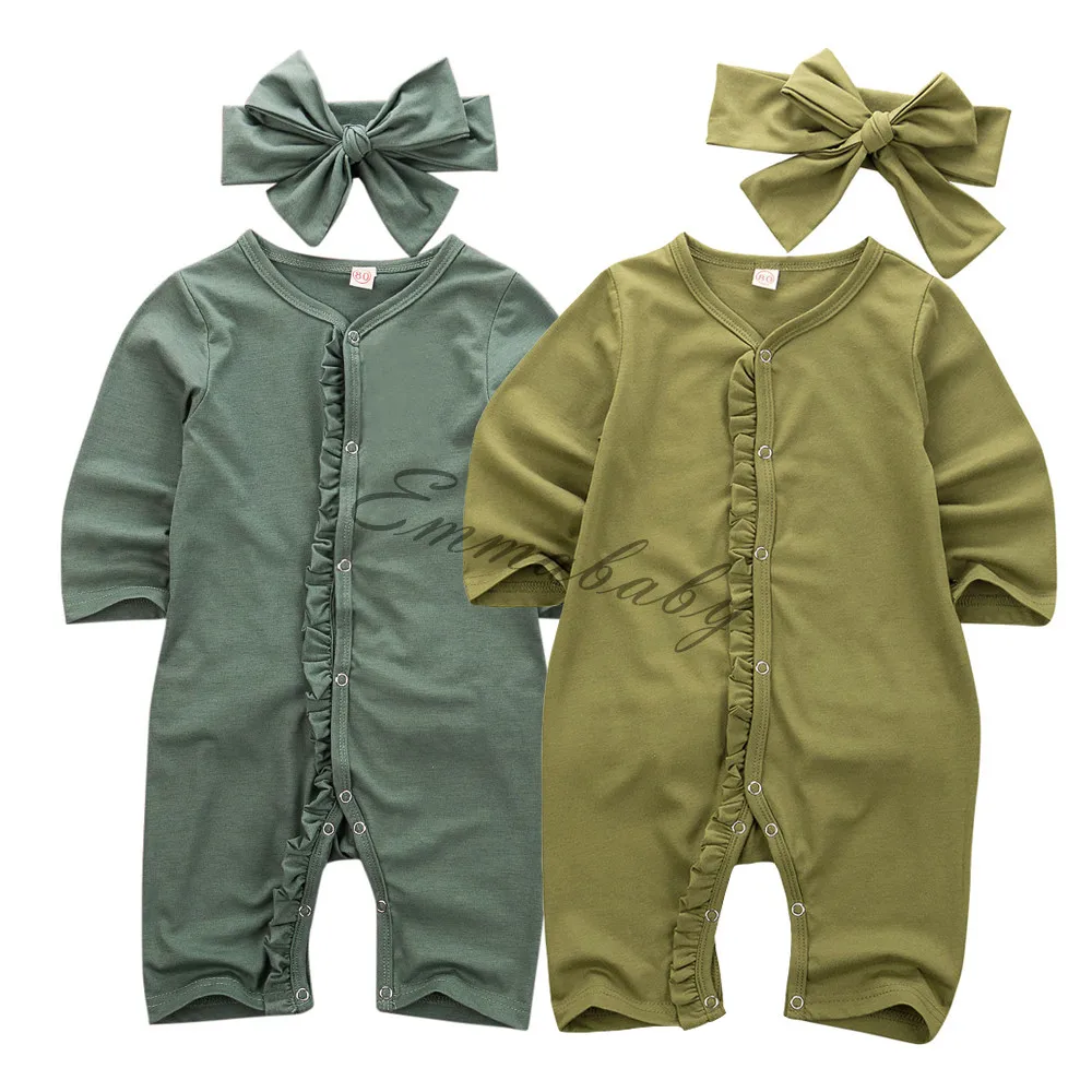 Emmababy Одежда для маленьких девочек и мальчиков однотонная Цвет с рюшами и длинными рукавами, Buttton Детский комбинезон с повязкой-бантом, комплект из 2 предметов, одежда