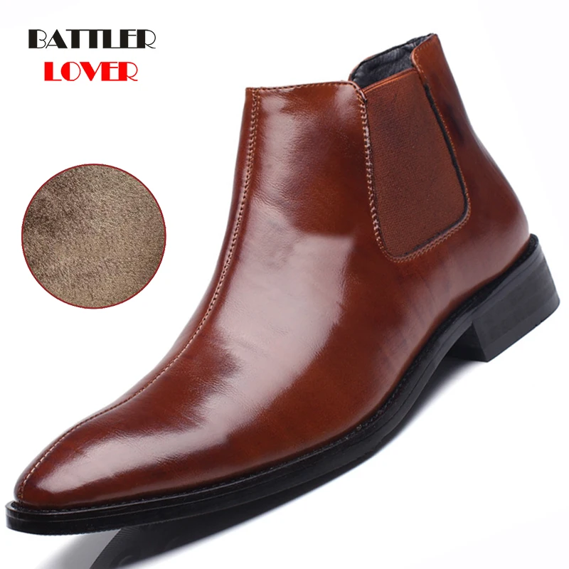2019 Winter Chelsea Dress Boots Men Leather Shoes Men Ankle Boots Fashion Brand Autumn Winter Fleece Warm Botas Male Footwear