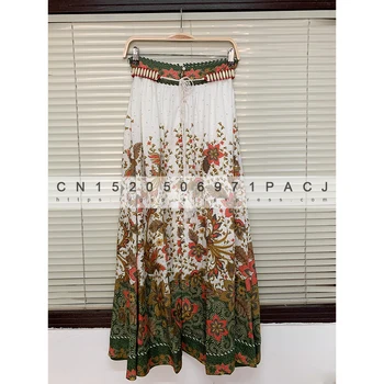 

【Have lable】ZM high-end linen retro positioning print with belt high waist temperament skirt