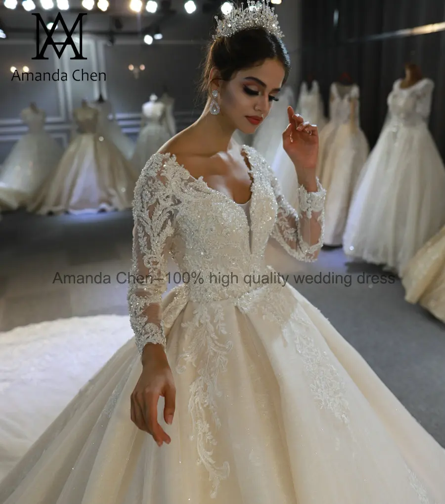 Robe de mariage длинный рукав кружева аппликация свадебное платье