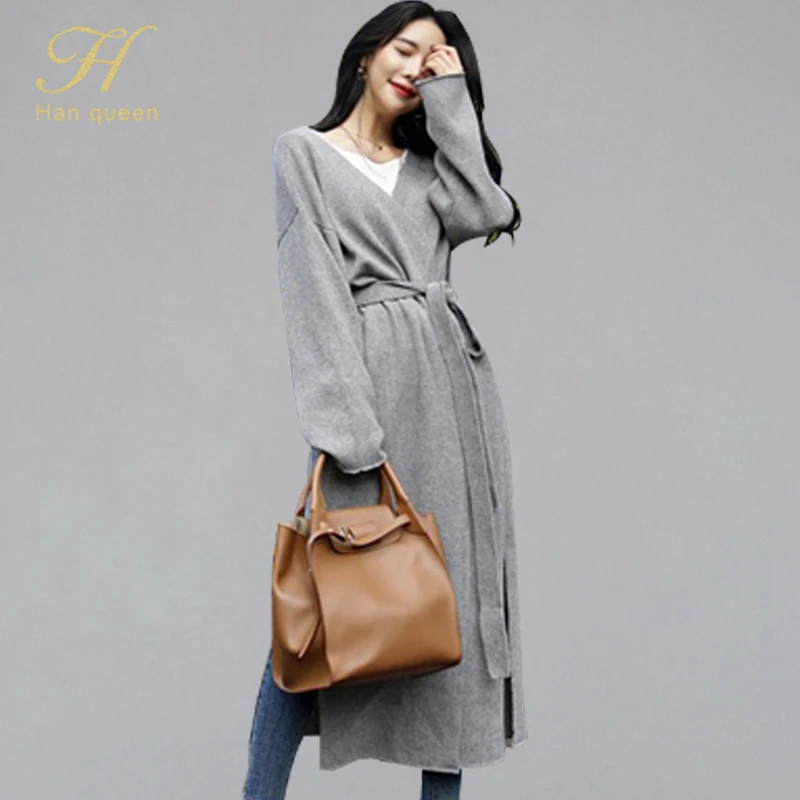 

H han queen Autumn 2019 Long Cardigan Women Oversize Sweaters Loose Korean V-neck Open Stitch Sweater Knitted Coat Female Mujer