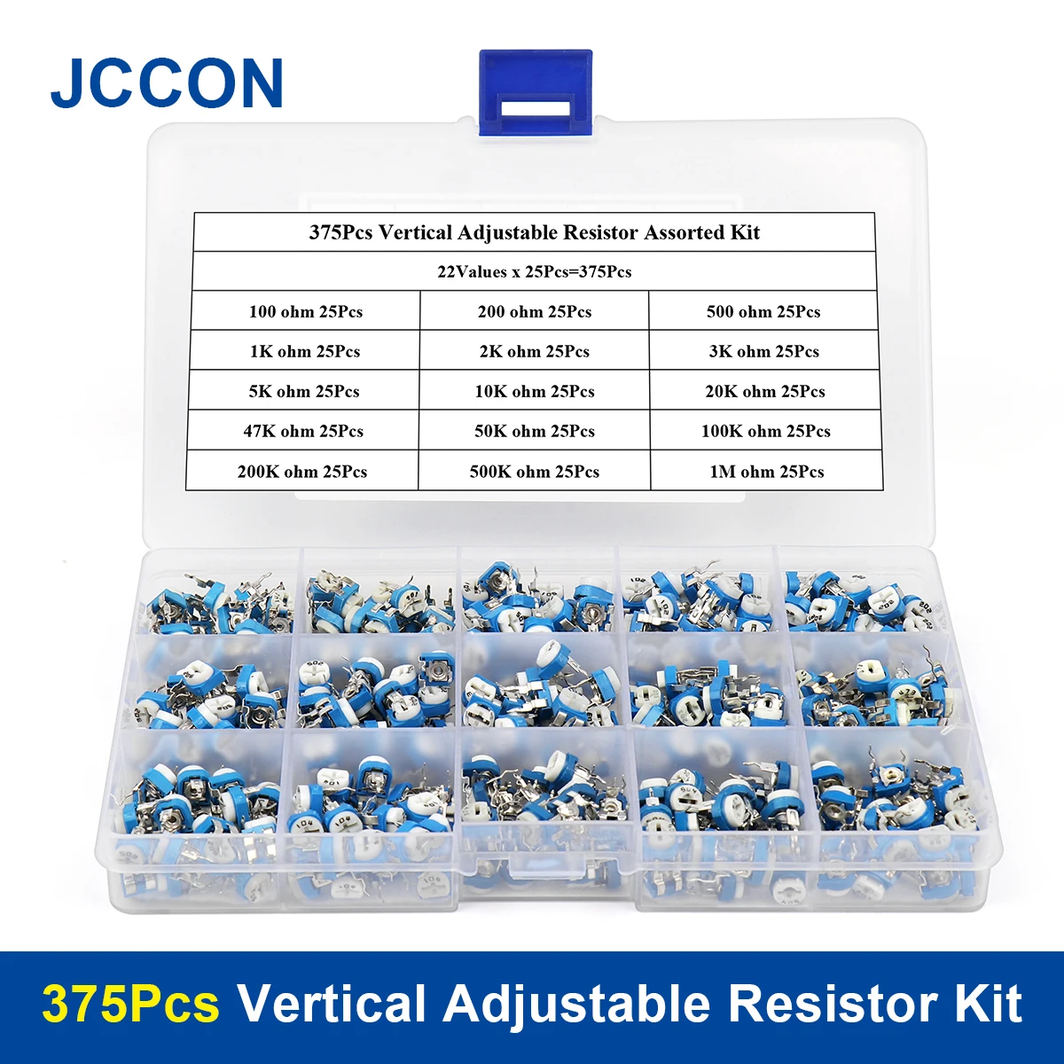 375Pcs Vertical Adjustable Resistor Assorted Kit 22Values x 25Pcs 100 ohm ~ 1M Trimpot Ariable Resistor Assortment Kit