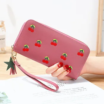 

Fashion Tassel Wallet Women Long Leather Cherry Ladies Wallets Embroidered Zipper Clutch Bag Card Purse Porte Feuille Femme