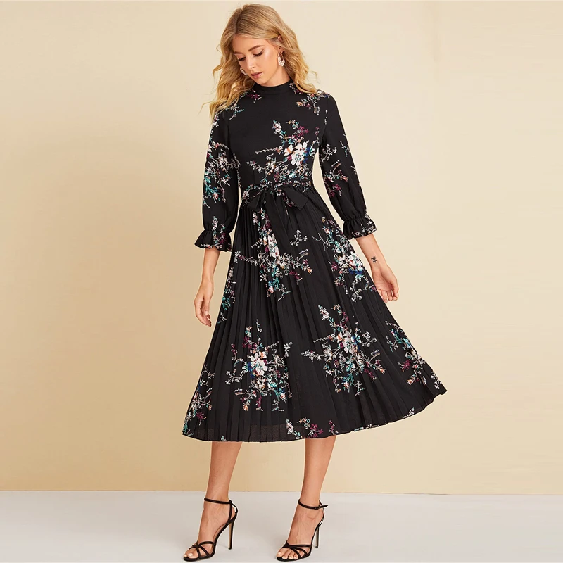 Sheinside Floral Print Flounce Sleeve Dress Women Autumn Pleated Hem A Line Dresses Ladies Casual Black Belted Dress