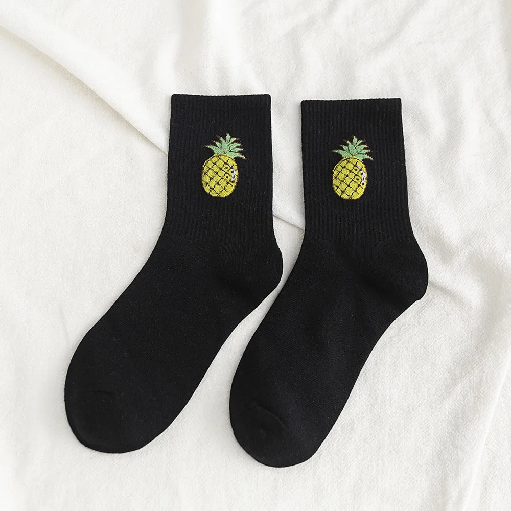 Black pineapple Женские носки с фруктами, повседневные однотонные хлопковые носки авокадо, персик, банан, вишня, вышивка, Харадзюку, женские носки - Цвет: Black pineapple
