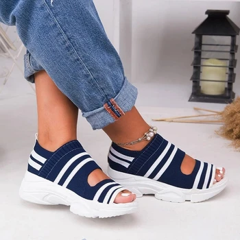 

new women summer vulcanize shoes striped thick bottom sports fish mouth shoes casual slip on ladies plus size shoes sneakers