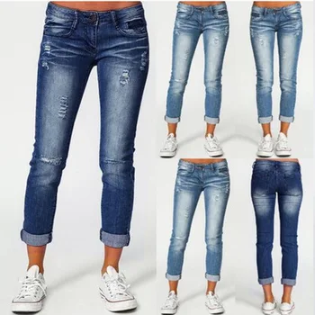 

Plus Size S-3XL Ripped Denim Jeans For Women Slim Skinny Full Length Pencil Pants Pantalon Jean Femme