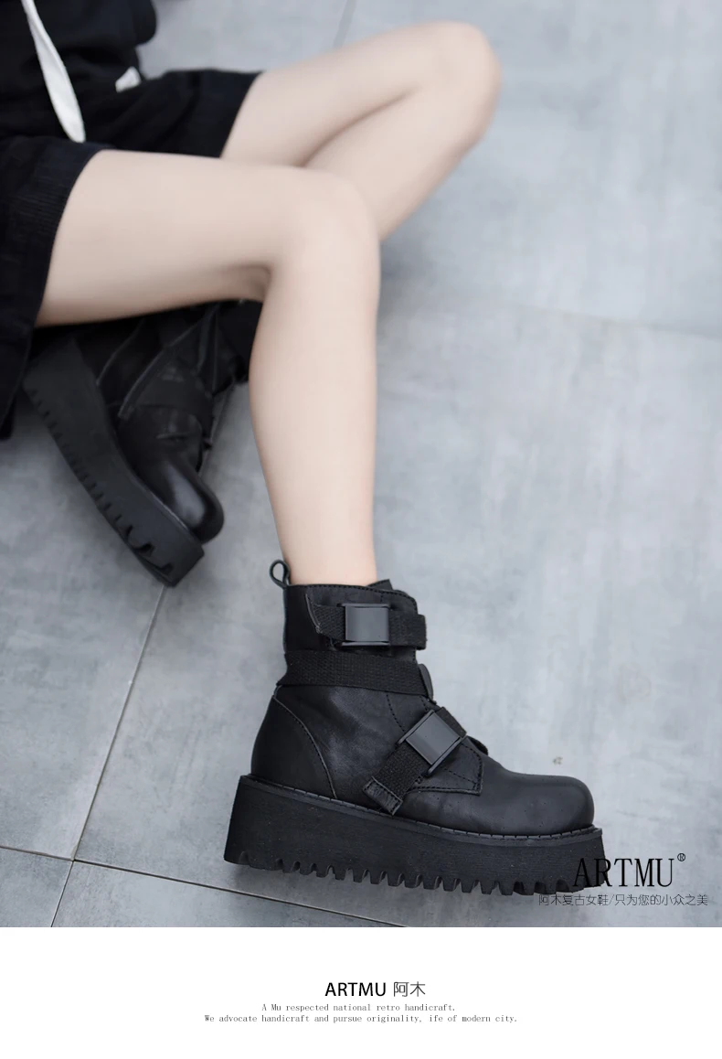 Artmu Original Thick Bottom Ankle Boots Belt Buckle Martin Boots Platform Wedge Heel Women Boots Genuine Leather Handmade Boots
