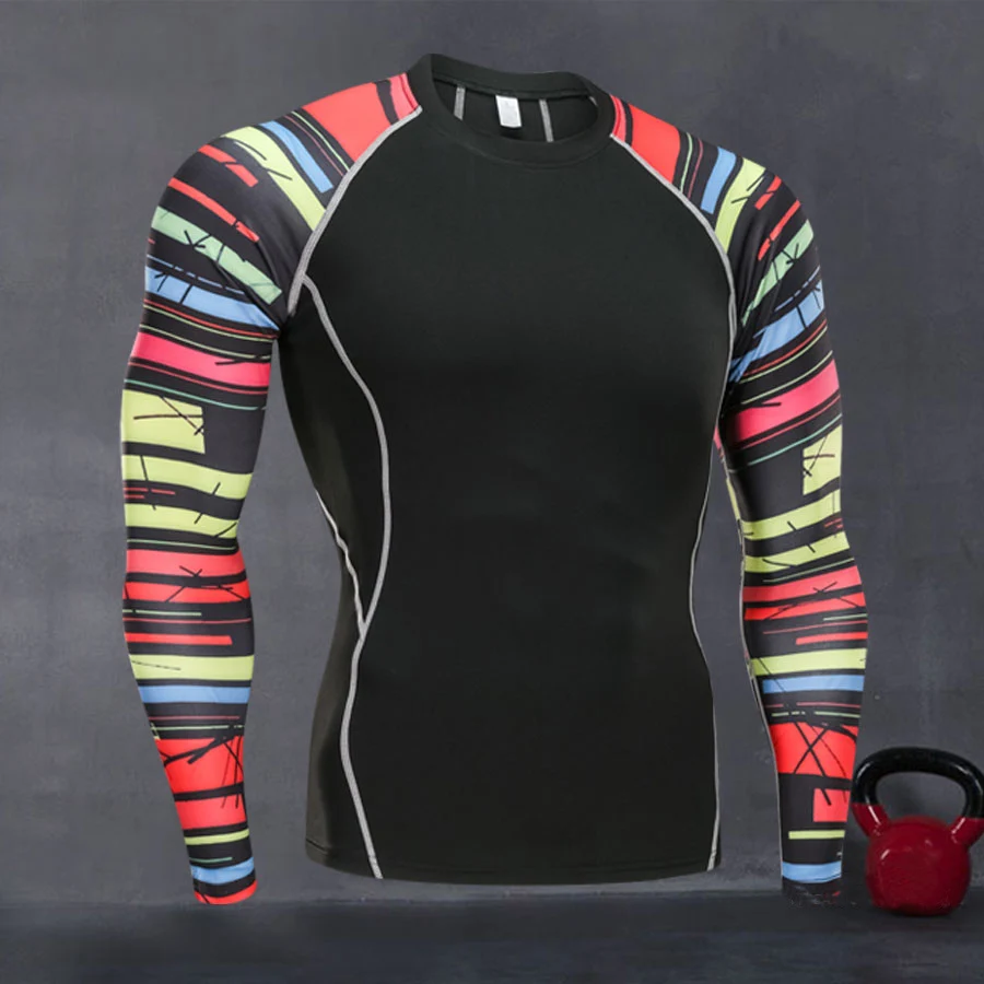 Мужская сжатая Спортивная рубашка с длинным рукавом, для фитнеса, с 3D принтом, быстросохнущая футболка для бега, для спортзала, тренировки, топ, Рашгард, одежда