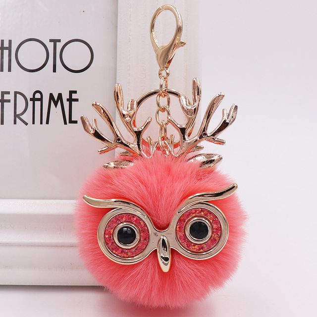 Cute Sequin Ears Owl Keychain Fluffy Artificial Rabbit Hairy Pom-pom Keychain Women's Shoulder Bag Owl Pendant Key Ring